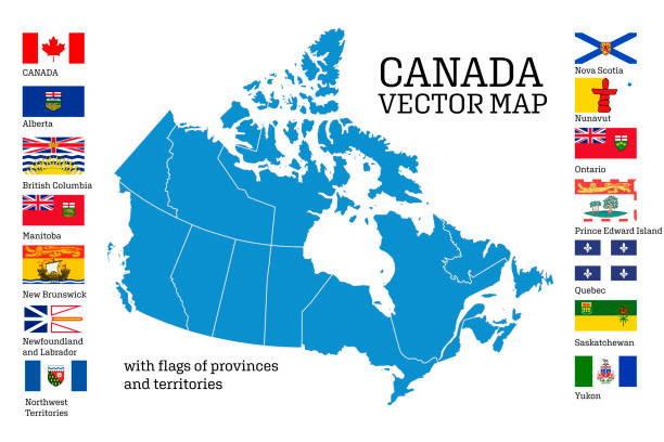 ilustraciones, imágenes clip art, dibujos animados e iconos de stock de conjunto de vectores. mapa de canadá con provincias y territorios fronteras y banderas vectoriales. - territories