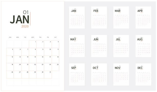 illustrations, cliparts, dessins animés et icônes de vecteur de 2020 calendrier du nouvel an dans le style minimal table simple et couleur de tonalité organique, planificateur d'événements de vacances, la semaine commence dimanche, taille d'a5. - 2020