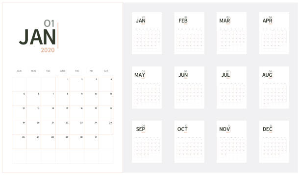 Vector of 2020 new year calendar in minimal table simple style and organic tone color,Holiday event planner,Week Starts Sunday,A5 size.. Vector of 2020 new year calendar in minimal table simple style and organic tone color,Holiday event planner,Week Starts Sunday 2020 stock illustrations