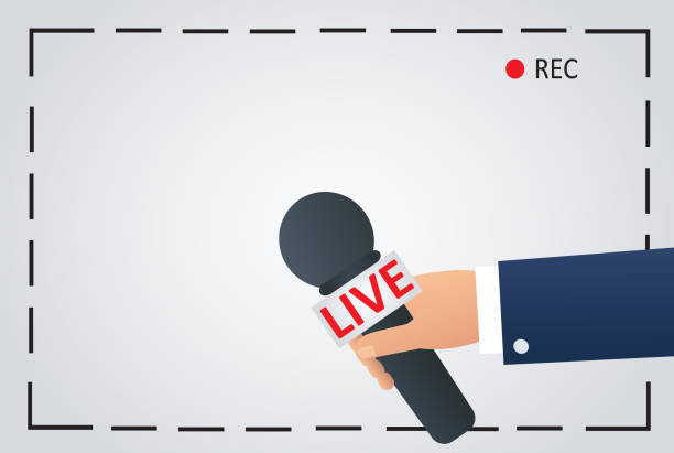 news illustration on focus tv and live with camera frame record. reporter with microphone, journalist symbol news illustration on focus tv and live with camera frame record. reporter with microphone, journalist symbol microphone borders stock illustrations