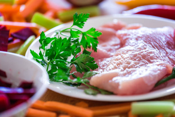 Fresh raw turkey breasts steak at plate, close-up