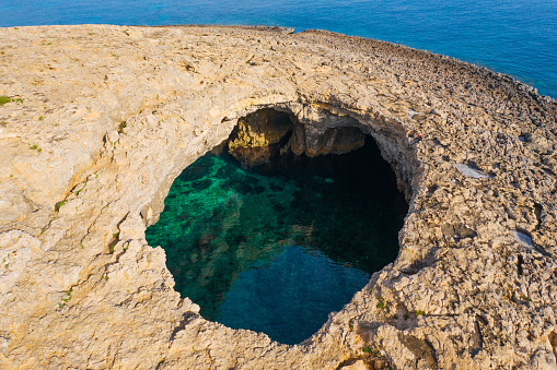 Aerial top view over the Coral Lagoon in Mellieha. Malta