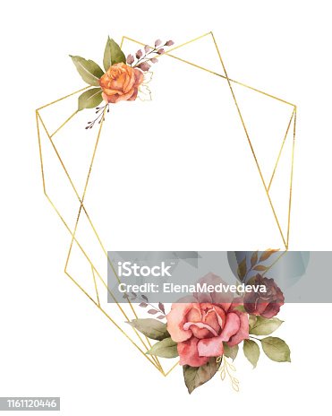 istock Watercolor vector autumn frame with roses, leaves iand gold geometric frame. 1161120446
