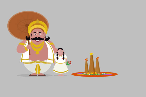 Illustration of King Mahabali with a little girl Illustration of King Mahabali with a little girl. Concept for Onam festival of Kerala, India pookalam stock illustrations