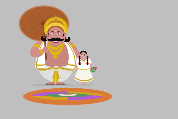 Illustration of King Mahabali with a little girl Illustration of King Mahabali with a little girl. Concept for Onam festival of Kerala, India pookalam stock illustrations