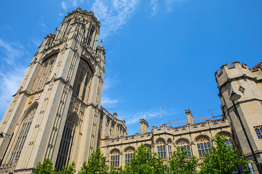 Bristol, UK - June 29th 2019: The tower of the Wills Memorial Building in the city of Bristol in the UK. The building was designed by Sir George Oatley and built as a memorial to Henry Overton Wills III.