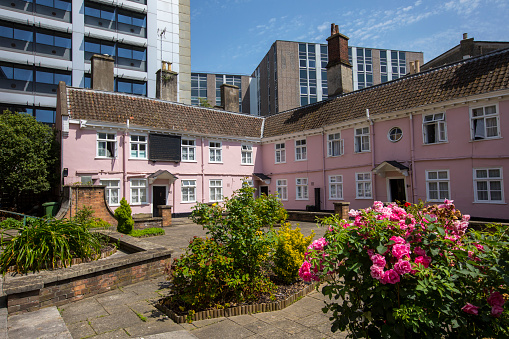 Bristol, UK - June 29th 2019: A view of the historic Merchant Venturers Almshouses in the city of Bristol in the UK.