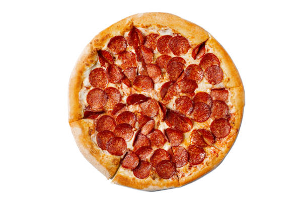 istock Fresh tasty pizza with pepperoni isolated on white background. Top view 1161125794