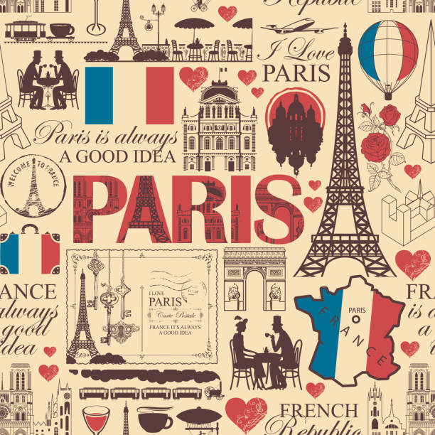 Seamless background on theme of France and Paris Vector seamless pattern on France and Paris theme with drawings, inscriptions, architectural landmarks, map and flag of French republic in retro style. Can be used as wallpaper, wrapping paper, fabric eiffel tower restaurant stock illustrations