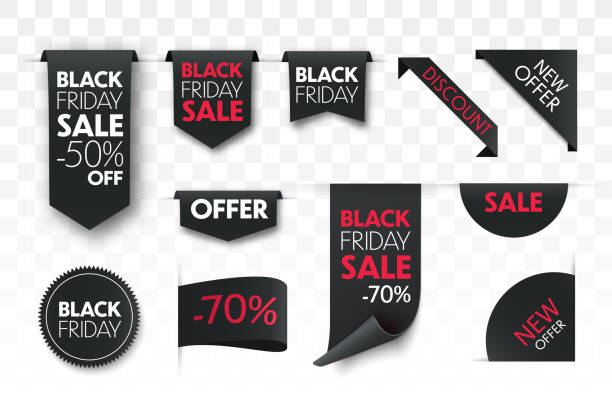 ilustrações de stock, clip art, desenhos animados e ícones de black friday sale ribbon banners collection isolated. - ribbon banner internet label