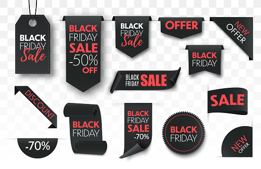 Black friday sale ribbon banners collection isolated. Vector price tags.