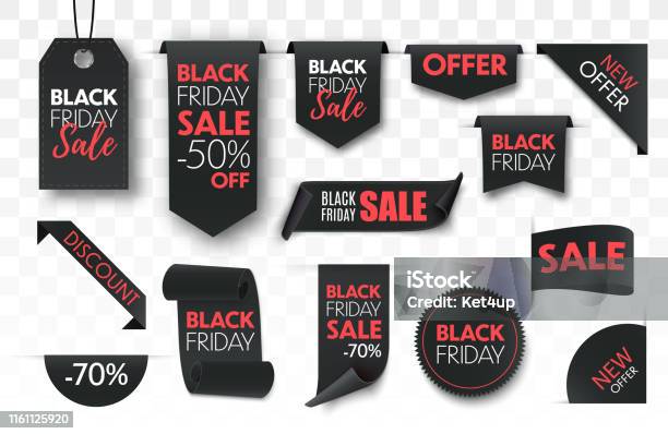 黑色星期五銷售絲帶橫幅收集孤立向量圖形及更多黑色星期五 - 購物活動圖片 - 黑色星期五 - 購物活動, 大減價, 標籤