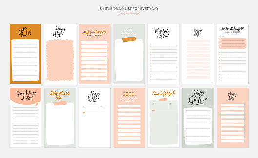 Set of weekly planners and to do lists with zero waste illustrations and trendy lettering. Template for agenda, planners, check lists, and other kids stationery. Isolated. Vector