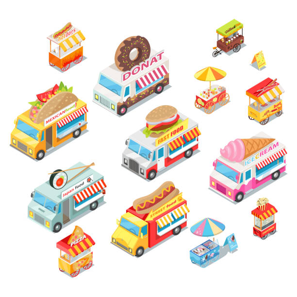 illustrations, cliparts, dessins animés et icônes de street food eateries sur wheel isometric vector set - meals on wheels illustrations