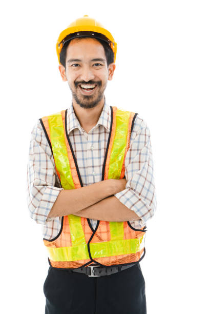 istock Engineer man cross arm orange helmet and vest 1161134858