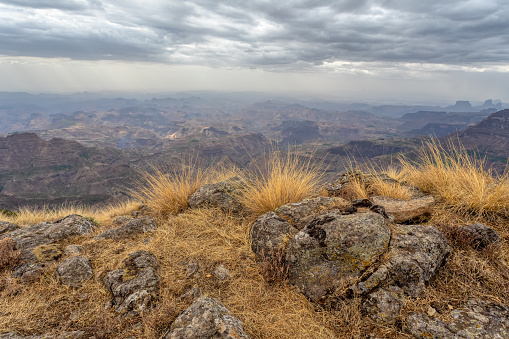 Panorama of beautiful Semien or Simien Mountains National Park landscape in Northern Ethiopia near lalibela and Gondar. Africa wilderness