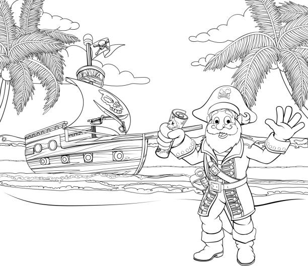 ilustrações de stock, clip art, desenhos animados e ícones de cartoon pirate on beach coloring page - beach nautical vessel party clothing