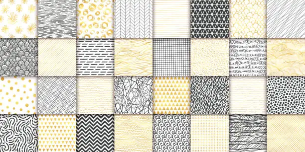 Vector illustration of Abstract hand drawn geometric simple minimalistic seamless patterns set. Bright luxury golden background collection. Polka dot, stripes, waves, random symbols textures. Vector illustration