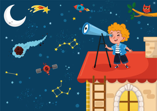Science Loving Kid Science loving kid observes space on his roof with his telescope. Vector illustration. clip art of a meteoroids stock illustrations