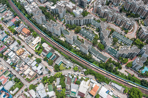 Aerial view of a railway in downtown urban area, Kowloon, Hong Kong