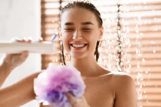 Happy Girl Putting Shower Gel On Puff, Taking Cool Shower