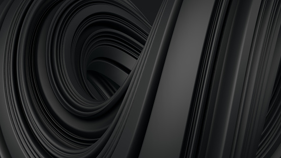 Abstract 3D Rendering of Twisted Liguid and waving Shape on Black Background. Technology concept.