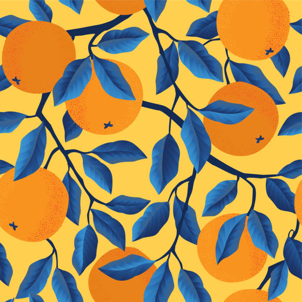 오렌지와 열대 원활한 패턴. 과일 반복 배경. 직물 또는 벽지에 대한 벡터 밝은 인쇄. - 주황색 일러스트 stock illustrations