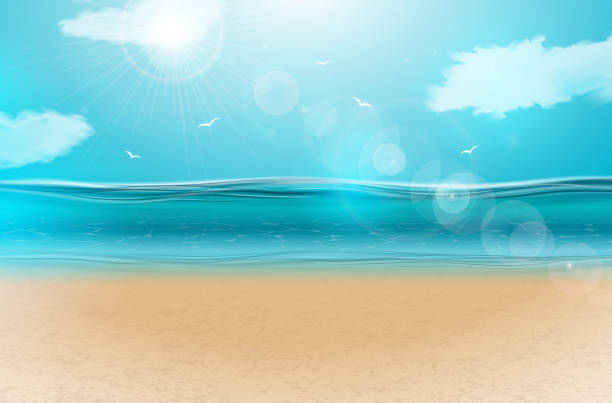 Vector blue ocean landscape background design with cloudy sky. Summer illustration with sea scene and sandy beach for banner, flyer, invitation, brochure, party poster or greeting card Vector blue ocean landscape background design with cloudy sky. Summer illustration with sea scene and sandy beach for banner, flyer, invitation, brochure, party poster or greeting card holiday vacations party mirrored pattern stock illustrations