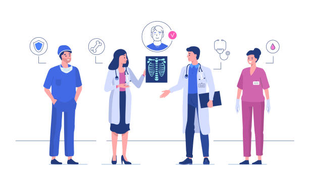 doctors Doctors meeting in hospital and talking together. Flat style vector illustration isolated on white background. sports team event stock illustrations