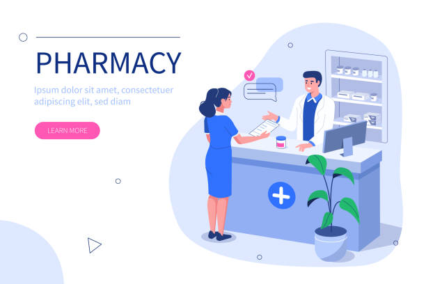 pharmacist Doctor pharmacist and patient in drugstore. Can use for web banner, infographics, hero images. Flat isometric vector illustration isolated on white background. pharmacy stock illustrations