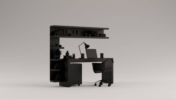 istock Black Small Contemporary Home Office with Laptop an Shelves 1161157743