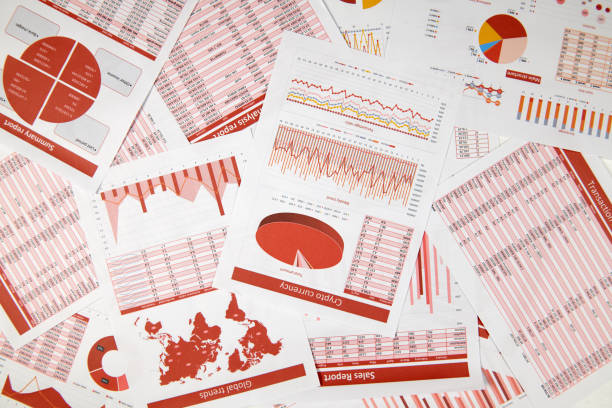 istock Flat top view of business workspace - reports with data, tables and analytic chart. Business financial accounting concept. 1161157809