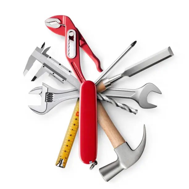 Photo of Swiss universal knife with tools on white background