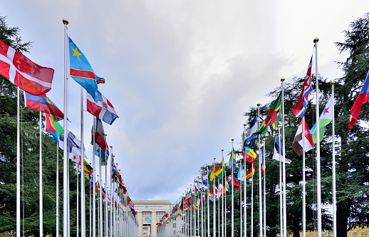 Multinational flag at United Nations, Geneva, Switzerland.