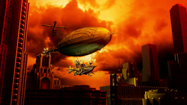 zeppelin flying above steampunk city
