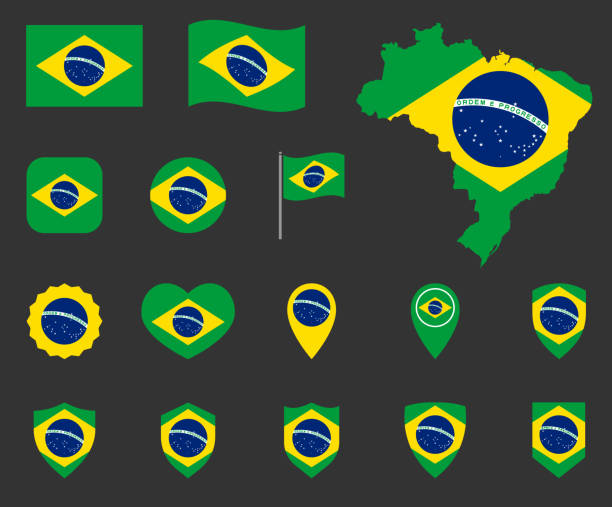 illustrazioni stock, clip art, cartoni animati e icone di tendenza di set icone bandiera brasile, simboli della bandiera della repubblica federativa del brasile - national arms