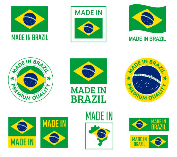 illustrazioni stock, clip art, cartoni animati e icone di tendenza di set etichette made in brazil, emblema del prodotto federative republic of brazil - southeastern region immagine