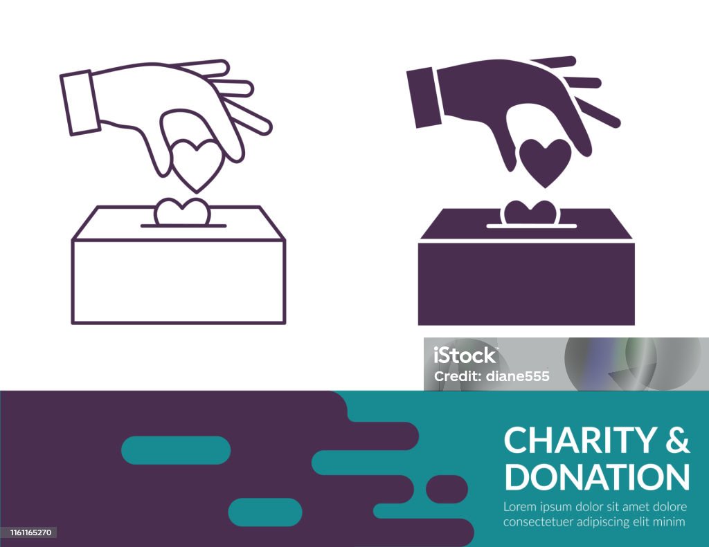 Flat Design And Thin Line Illustration Charity Icon Charity & Donation icon in thin line and flat design style with a trendy banner at the bottom. Logo stock vector