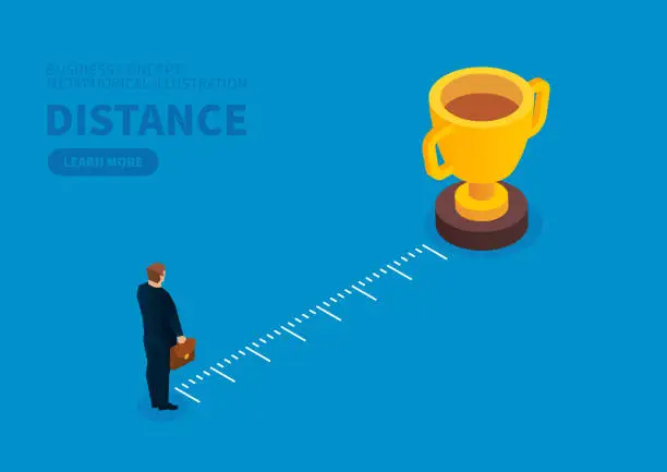 Vector illustration of Distance between businessman and trophy