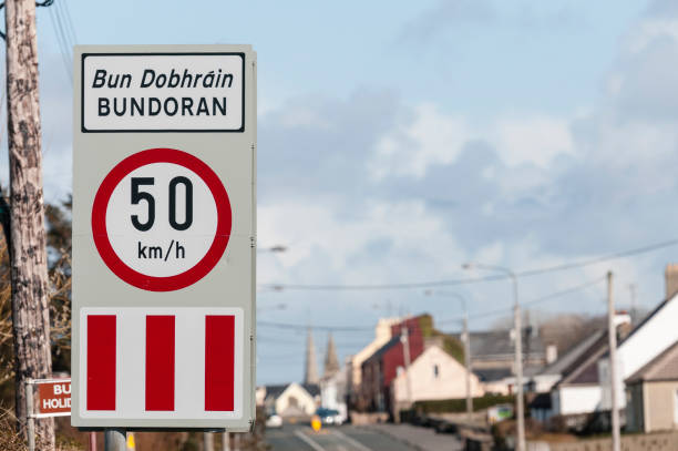 Sign at the entrance to Bundoran, Donegal, Ireland, with a 50km/h speed limit. Sign at the entrance to Bundoran, Donegal, Ireland, with a 50km/h speed limit. bundoran stock pictures, royalty-free photos & images