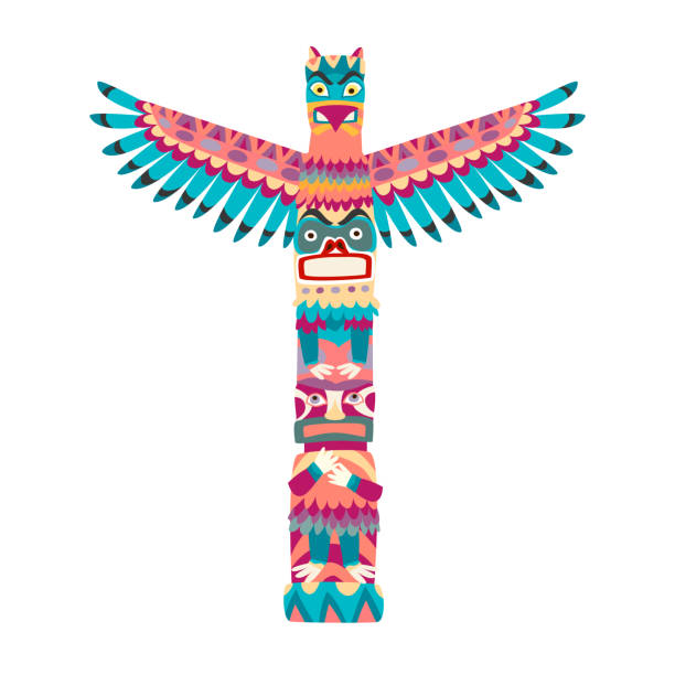 Totem poles vector illustration Totem poles vector illustration. Totem pole with tiki mask flat cartoon style icon isolated on white background totem pole stock illustrations