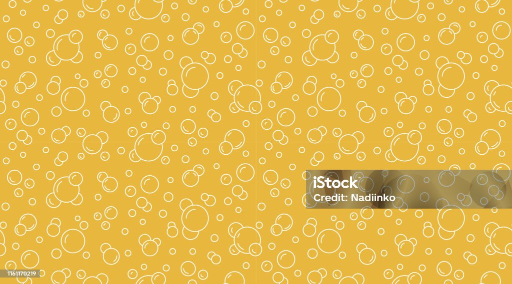 Bubbles vector naadloze patroon met platte lijn iconen. Gele witte kleur bier textuur. Koolzuurhoudende water achtergrond, abstract soda behang - Royalty-free Bel - Vloeistof vectorkunst