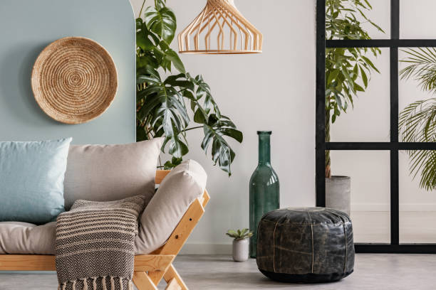 istock Trendy living room interior with white and blue wall and comfortable couch 1161171013