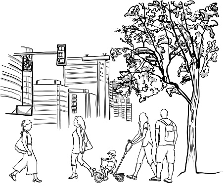 Various city folks walking between the park and their congested apartments, vector illustration