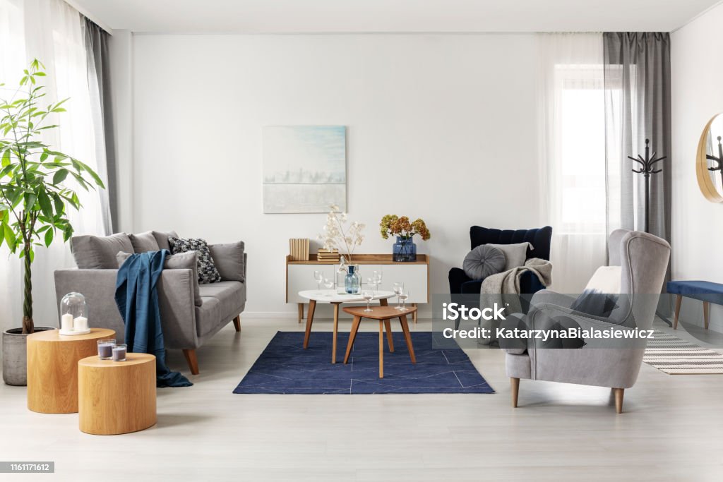 Grey and navy blue living room interior with comfortable sofa and armchairs Living Room Stock Photo
