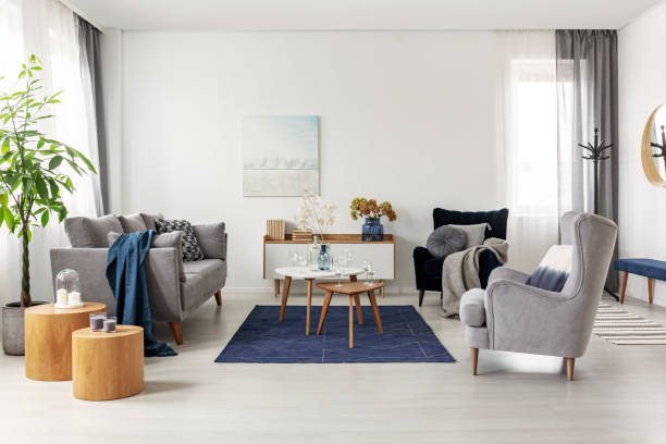 grey and navy blue living room interior with comfortable sofa and armchairs - fotos de aconchegante imagens e fotografias de stock