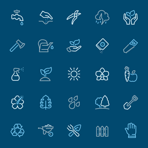 Gardening - color outline icons Gardening - 25 Outline Style - Pixel Perfect Tricolor - Icons Set #34
Icons are designed in 48x48pх square, outline stroke 2px.

First row of outline icons contains:
Faucet, Human hand seeding, Pruning Shears, Thunderstorm, Nature Care;  

Second row contains:
Axe icon, Watering Can, Leaf in human hand, Seed Packet, Hand Saw;

Third row contains:
Spray bottle, Plant, Sun, Orchid, Carrot and Apple;

Fourth row contains:
Hibiscus, Monstera leaf, Rain, Tree, Shovel icon;

Fifth row contains:
Recycling Symbol, Wheelbarrow, Crossed Trowel and Gardening Fork, Fence, Protective Glove.

Complete Navico icons collection - https://www.istockphoto.com/collaboration/boards/b3OZ01lhT0eMQOsbbTYVyQ trowel gardening shovel gardening equipment stock illustrations