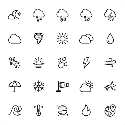 Weather - 25 Outline Style - Single black line icons - Pixel Perfect / Pack #35
Icons are designed in 48x48pх square, outline stroke 2px.

First row of outline icons contains:
Night, Snowing icon, Raining icon, Raining and Snowing icon, Thunderstorm;

Second row contains:
Cloud - Sky, Hurricane - Storm, Sun, Cloudscape, Drop;
  
Third row contains:
Slippery, Sunset and Sunrise, Raindrop, Lightning, Wind;   

Fourth row contains:
Umbrella, Snowflake, Windsock, Sun and Cloud, Stars;

Fifth row contains:
Wave, Thermometer, Moon, Flame, Geolocation icon.

Complete Grandico collection - https://www.istockphoto.com/collaboration/boards/FwH1Zhu0rEuOegMW0JMa_w