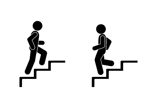 man walks up and down the stairs, stick figure pictograms people, human silhouette, set of icons