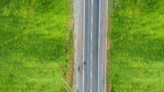 Empty highway asphalt rural road. Top view.